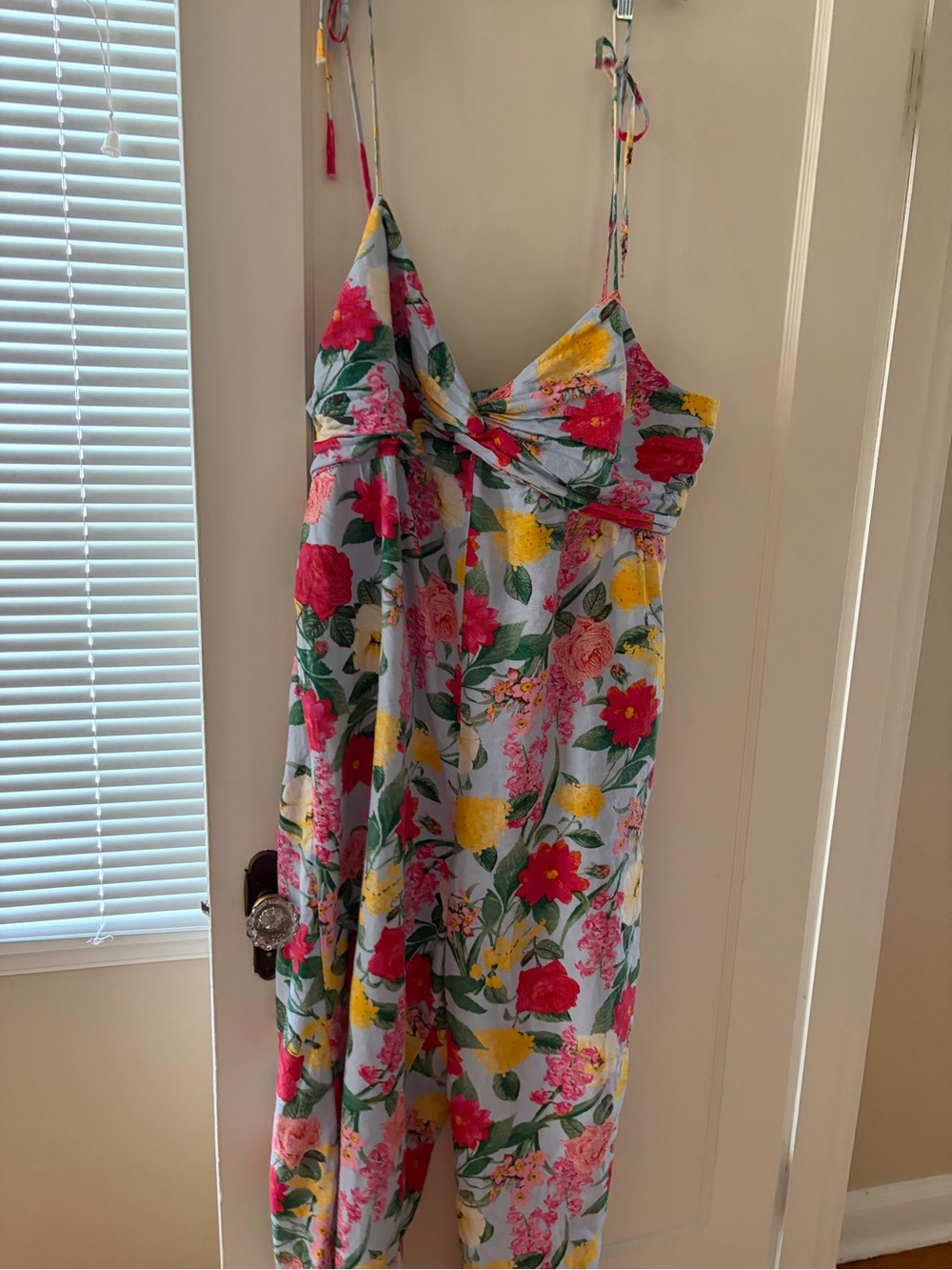 Floral Spaghetti Strap jumpsuit  Blue with Pink & Yellow Flowers/